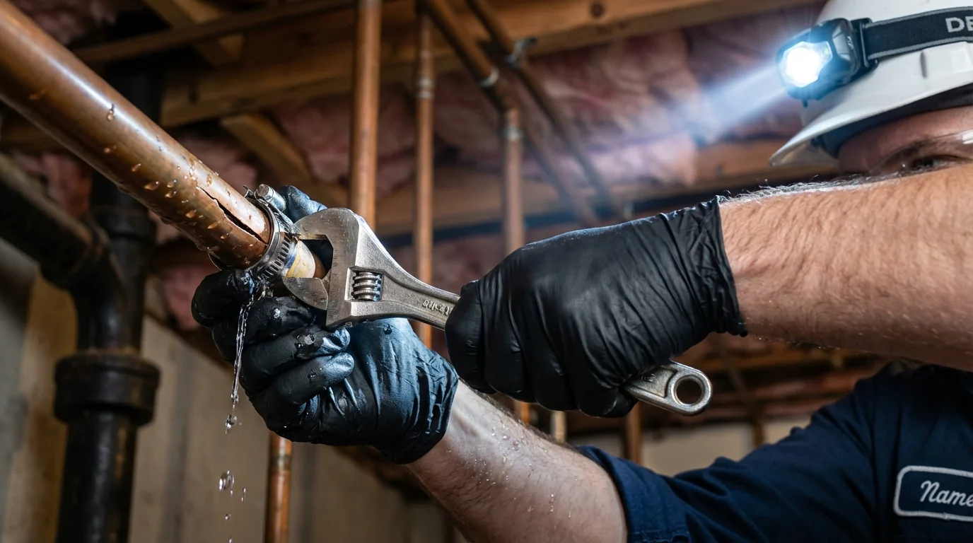 Emergency pipe clamp repair being performed by a Johns Plumbing LLC plumber in Bessemer