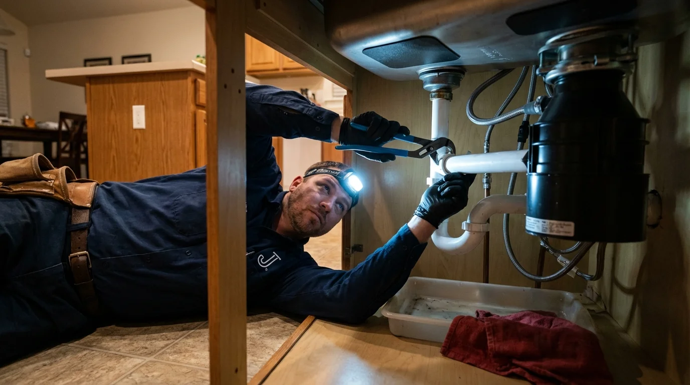P-trap and supply line connections under a kitchen sink showing a common leak point in Bessemer, PA